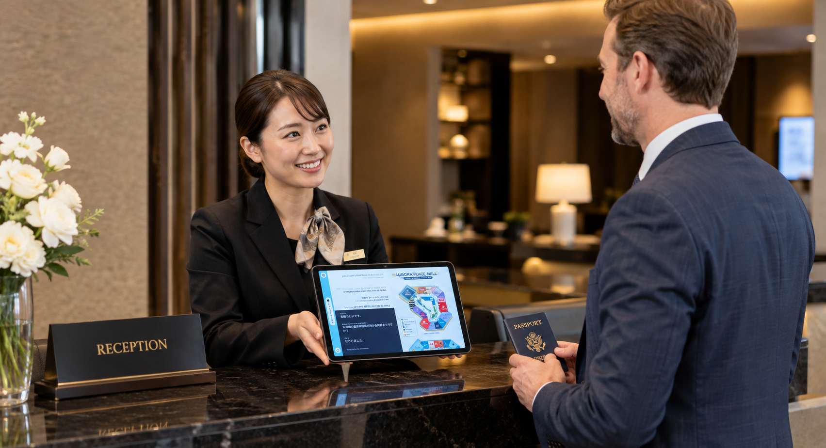 ホテルスタッフが外国人客にCOMMDIAを使って案内している